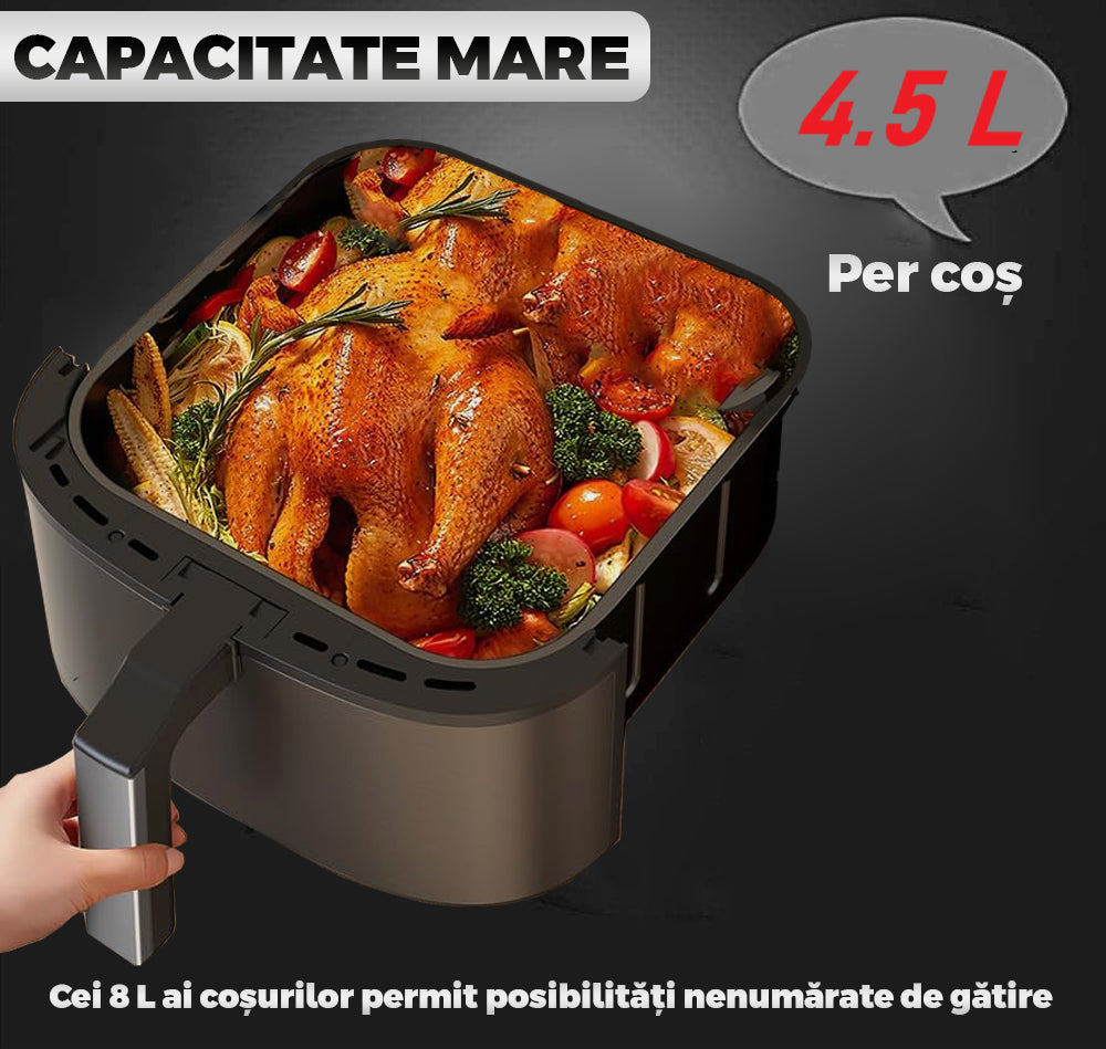 Friteuza Dubla Fara Ulei Air Fryer, 9 L, afisaj digital, tehnologie smart sensing, programe smart chef automate, negru
