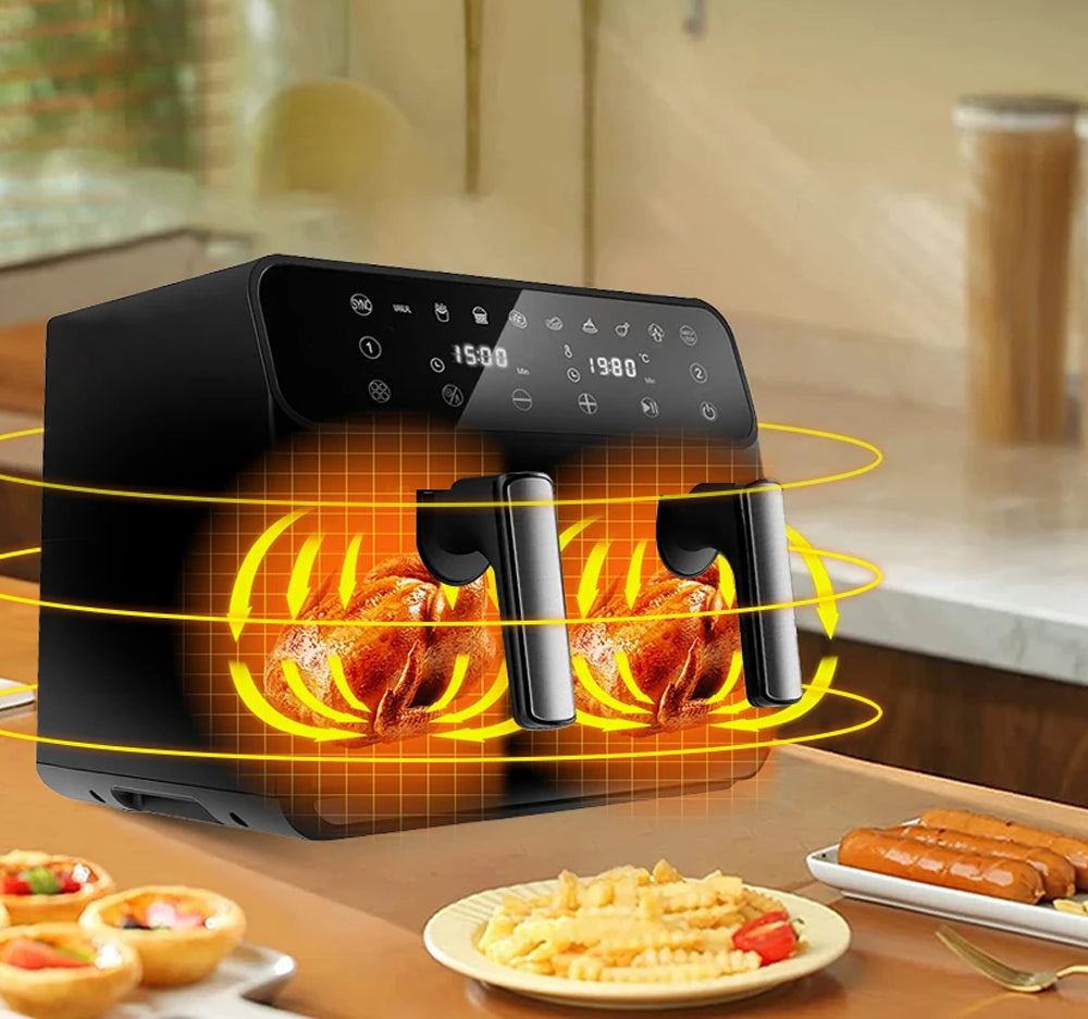 Friteuza Dubla Fara Ulei Air Fryer, 9 L, afisaj digital, tehnologie smart sensing, programe smart chef automate, negru