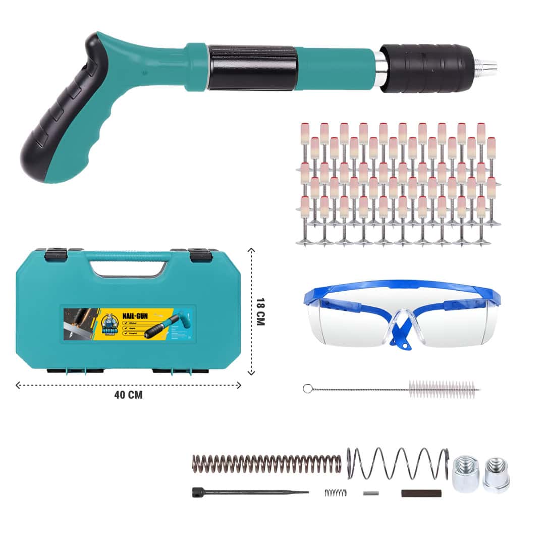 Pistol de Cuie Manual pentru Fixare in Beton, Lemn, Fier, Pardoseala, 5 trepte ajustabile, Lungime cuie 27mm, Set 100 Cuie incluse CADOU