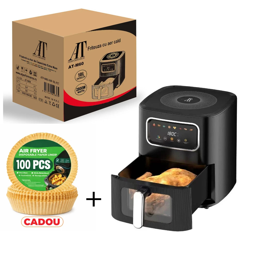Friteuză cu Aer Cald, 10L, 2800W, Control Digital, 100 buc Hartie Airfryer Cadou