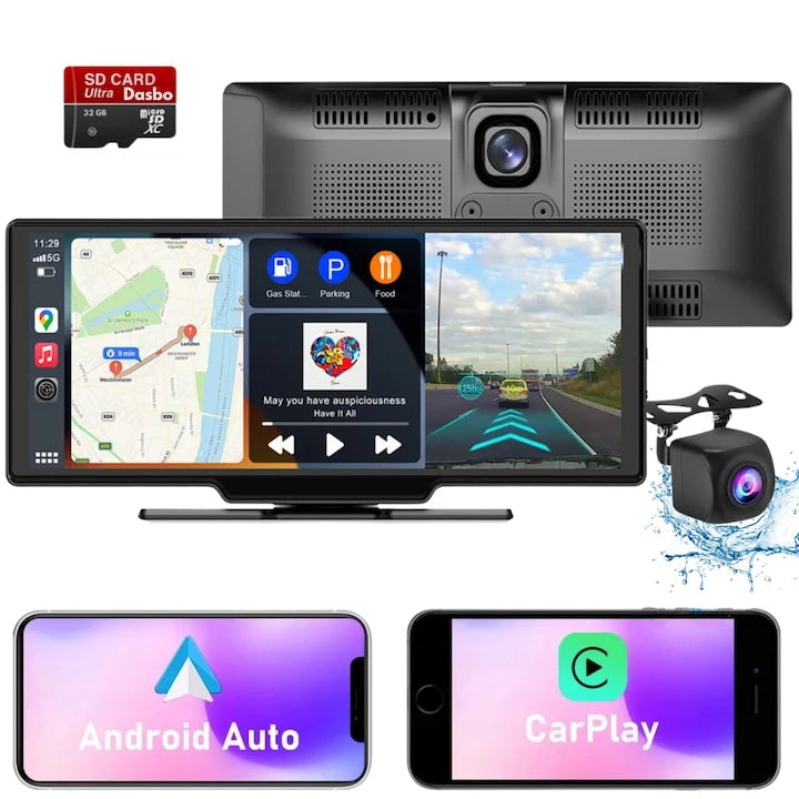 Navigatie Auto Multimedia Universarala, Display 10.26 inch, Camera inregistrare fata + spate inclusa, Ecran IPS HD full-touch, CarPlay/Android Auto, Wireless, BT, FM, AUX, MirrorCast, Split-screen, Card Micro-SD 32 GB Inclus, Negru