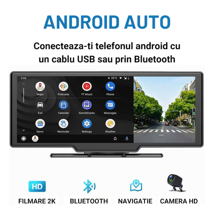 Navigatie Auto Multimedia Universarala, Display 10.26 inch, Camera inregistrare fata + spate inclusa, Ecran IPS HD full-touch, CarPlay/Android Auto, Wireless, BT, FM, AUX, MirrorCast, Split-screen, Card Micro-SD 32 GB Inclus, Negru