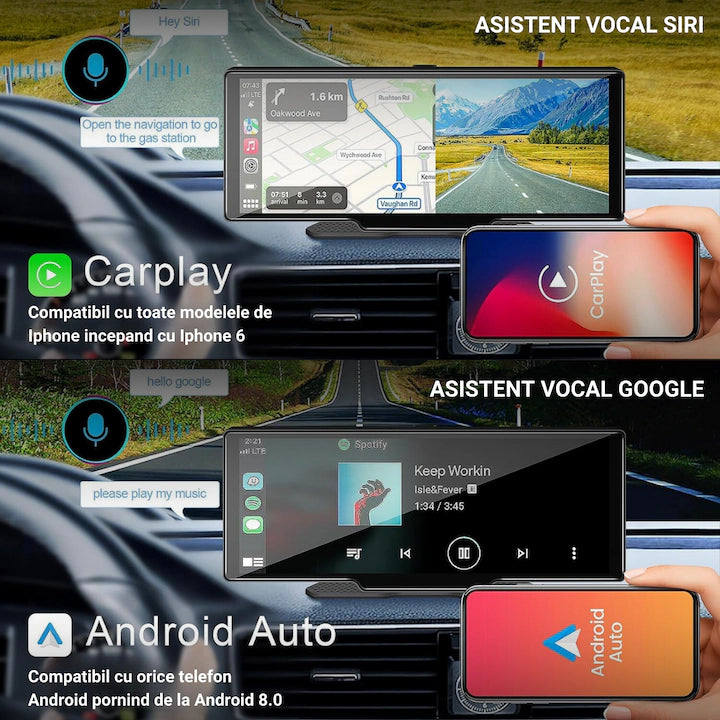 Navigatie Auto Multimedia Universarala, Display 10.26 inch, Camera inregistrare fata + spate inclusa, Ecran IPS HD full-touch, CarPlay/Android Auto, Wireless, BT, FM, AUX, MirrorCast, Split-screen, Card Micro-SD 32 GB Inclus, Negru