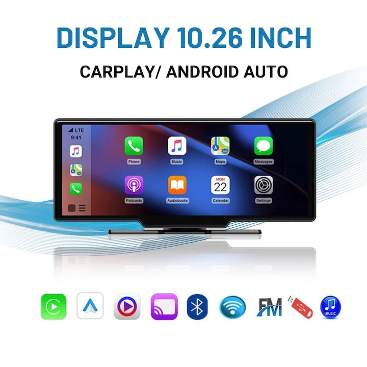 Navigatie Auto Multimedia Universarala, Display 10.26 inch, Camera inregistrare fata + spate inclusa, Ecran IPS HD full-touch, CarPlay/Android Auto, Wireless, BT, FM, AUX, MirrorCast, Split-screen, Card Micro-SD 32 GB Inclus, Negru