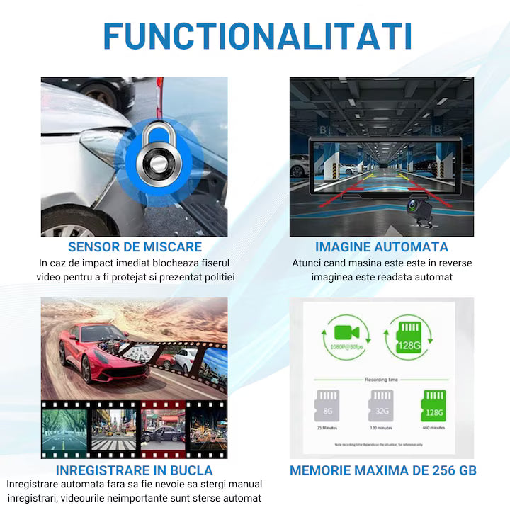 Navigatie Auto Multimedia Universarala, Display 10.26 inch, Camera inregistrare fata + spate inclusa, Ecran IPS HD full-touch, CarPlay/Android Auto, Wireless, BT, FM, AUX, MirrorCast, Split-screen, Card Micro-SD 32 GB Inclus, Negru