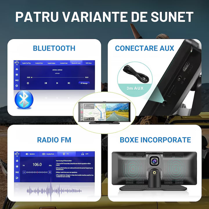Navigatie Auto Multimedia Universarala, Display 10.26 inch, Camera inregistrare fata + spate inclusa, Ecran IPS HD full-touch, CarPlay/Android Auto, Wireless, BT, FM, AUX, MirrorCast, Split-screen, Card Micro-SD 32 GB Inclus, Negru