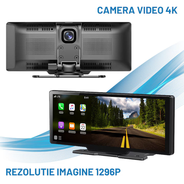 Navigatie Auto Multimedia Universarala, Display 10.26 inch, Camera inregistrare fata + spate inclusa, Ecran IPS HD full-touch, CarPlay/Android Auto, Wireless, BT, FM, AUX, MirrorCast, Split-screen, Card Micro-SD 32 GB Inclus, Negru