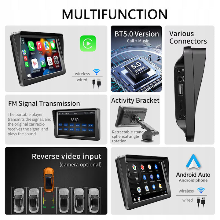 Navigatie Auto universala cu display 7 inch cu Touch screen, Apple Carplay si Android Auto, Bluetooth, Radio FM, Handsfree, AUX, Card Micro-SD 32 GB Inclus, negru