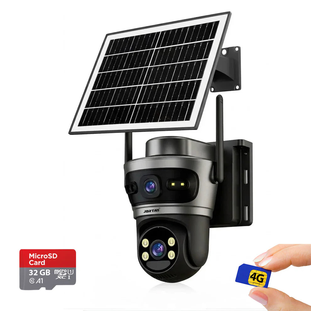 Camera de Supraveghere cu 2 Lentile 6MP, 4G, Panou Solar, 18.000mA PTZ 355°, Jortan 4GHD, IP66, HD, 1920 x 1080 Pixeli + Card 32GB CADOU - Gri