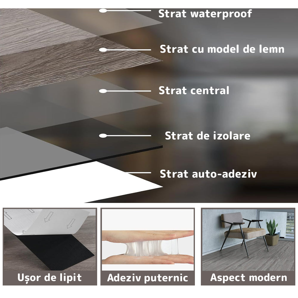 Set 36 Placi, De Pardoseala, durabil, autoadezive, PVC, 914.4mm x152.4mm, mm 5 m²/box