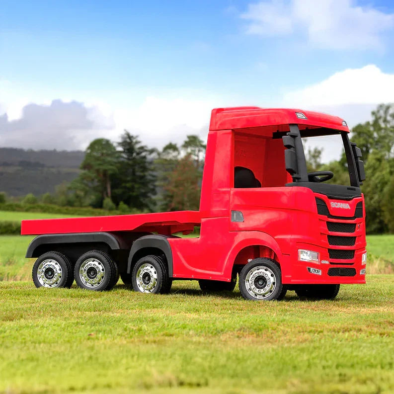 Camion electric cu remorcă pentru copii, KIDOO, 12V, 2 motoare 35W, telecomandă 2.4G, suspensie pe 4 roți, lumini, muzică, viteză 3-5 km/h, uși funcționale