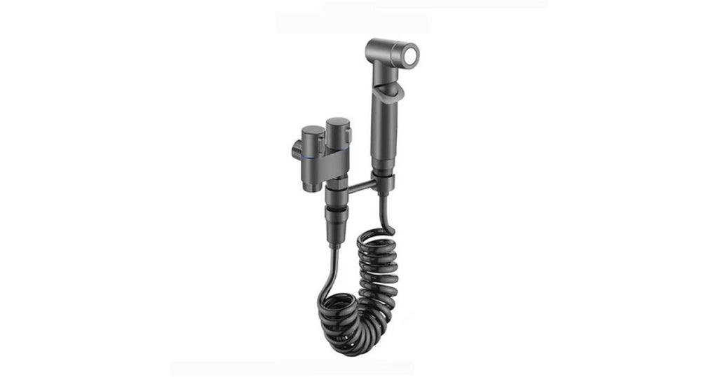 Set de dus de tip bideu cu pulverizator de apa din alama pentru toaleta, economizor de spatiu, cu control dual, evacuare cu unul in doua, supapa unghiulara