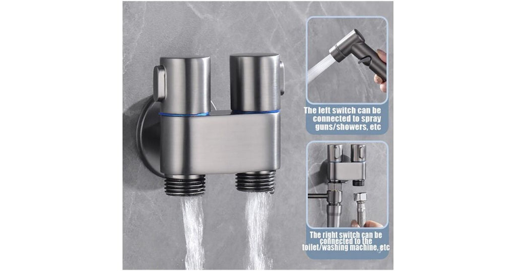 Set de dus de tip bideu cu pulverizator de apa din alama pentru toaleta, economizor de spatiu, cu control dual, evacuare cu unul in doua, supapa unghiulara