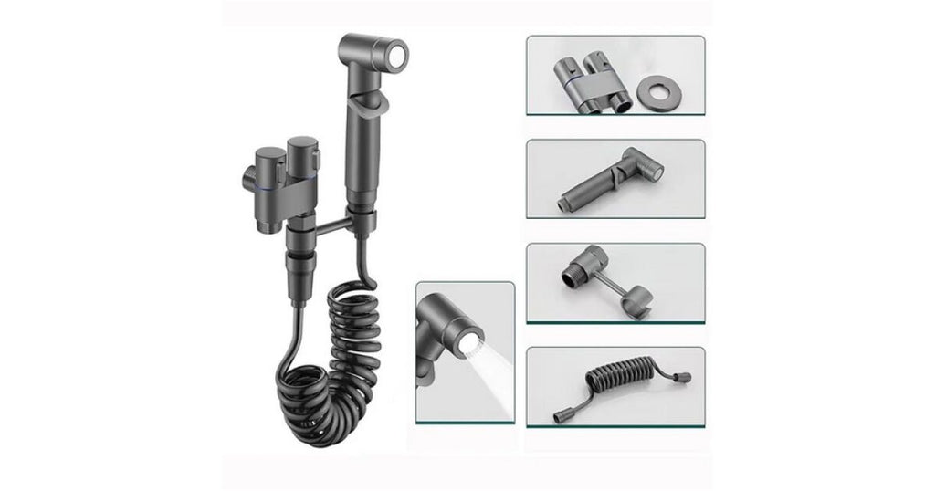 Set de dus de tip bideu cu pulverizator de apa din alama pentru toaleta, economizor de spatiu, cu control dual, evacuare cu unul in doua, supapa unghiulara
