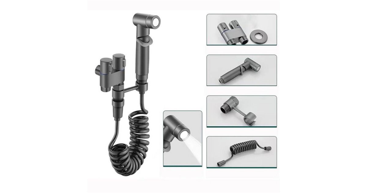 Set de dus de tip bideu cu pulverizator de apa din alama pentru toaleta, economizor de spatiu, cu control dual, evacuare cu unul in doua, supapa unghiulara