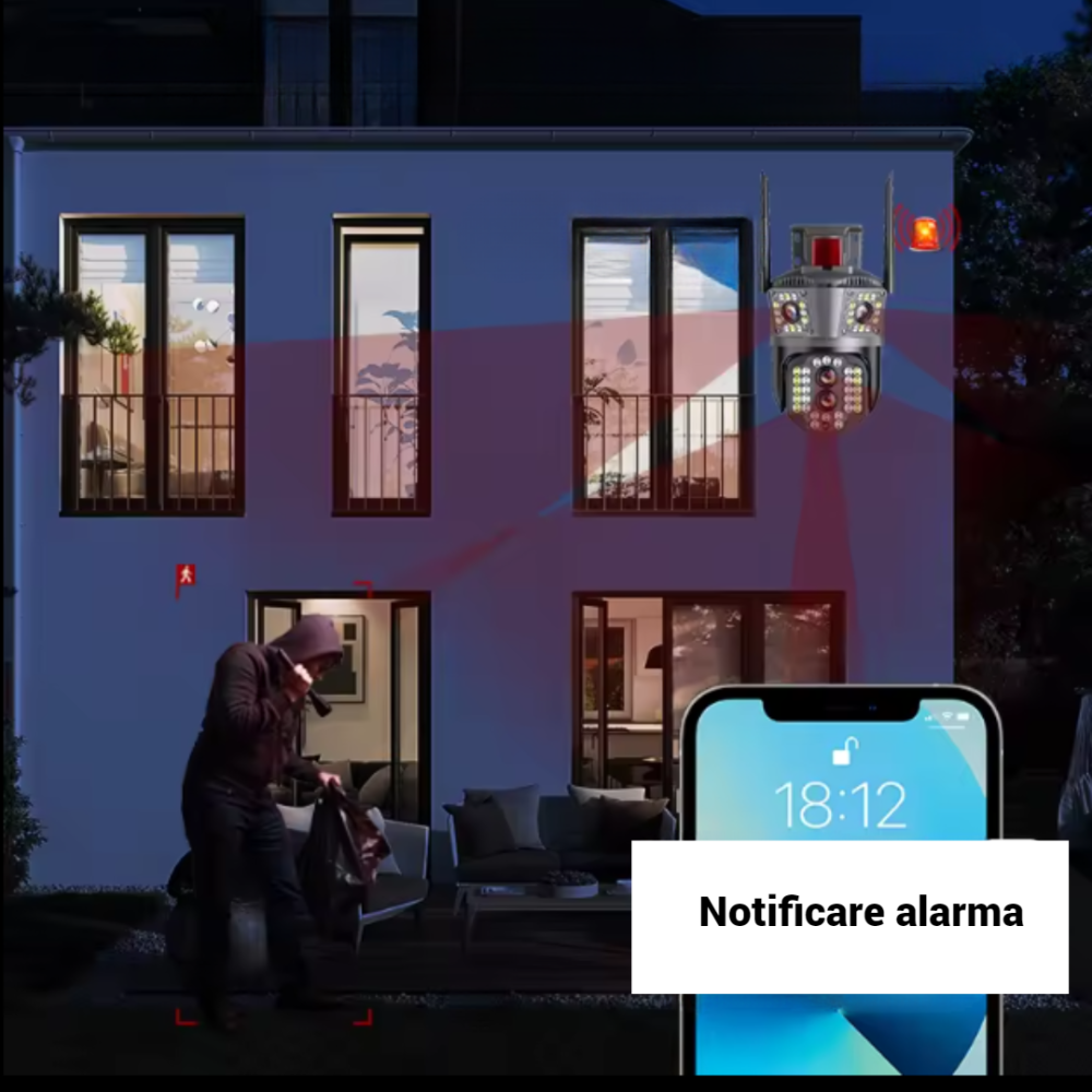 Cameră de Supraveghere Exterior HD cu Vedere Nocturnă, Detecție Umană și Audio Bidirecțional