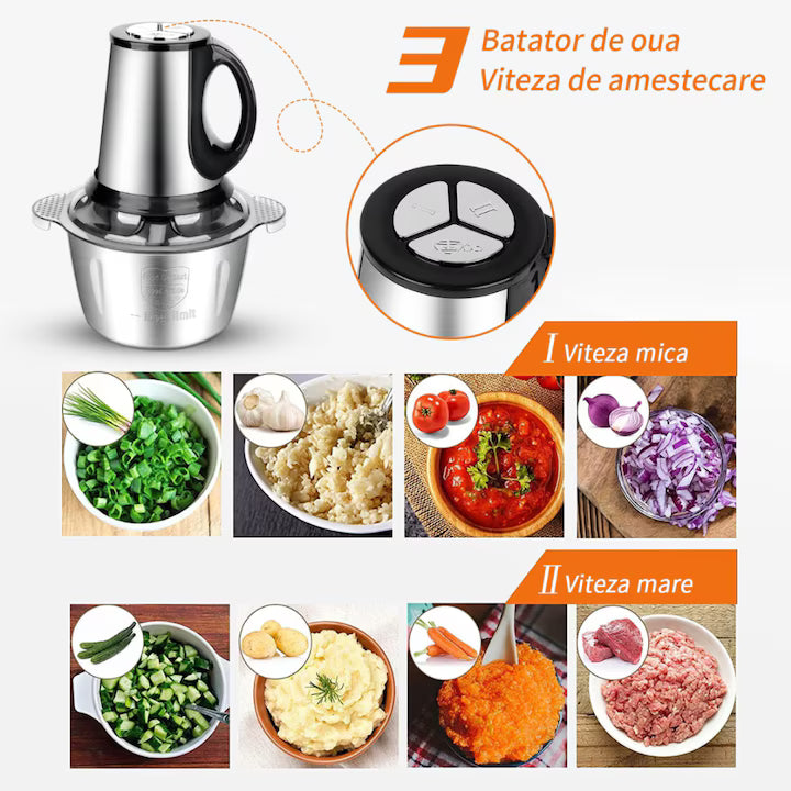 Tocător electric pentru carne și legume, 4 lame din oțel inoxidabil de calitate superioară, capacitate 2L, recipient din inox, culoare argintie