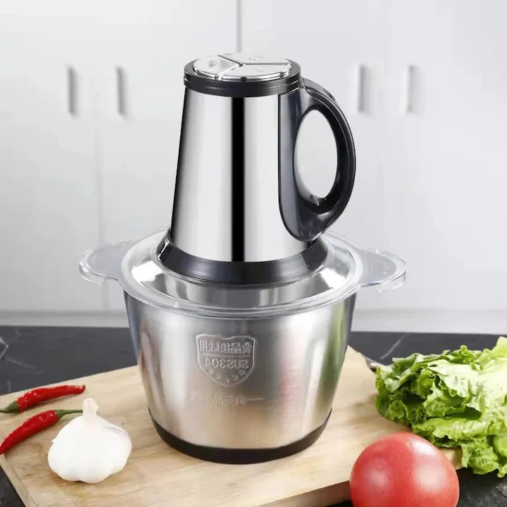 Tocător electric pentru carne și legume, 4 lame din oțel inoxidabil de calitate superioară, capacitate 2L, recipient din inox, culoare argintie