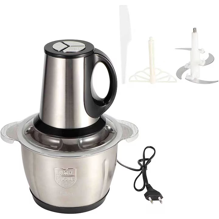 Tocător electric pentru carne și legume, 4 lame din oțel inoxidabil de calitate superioară, capacitate 2L, recipient din inox, culoare argintie