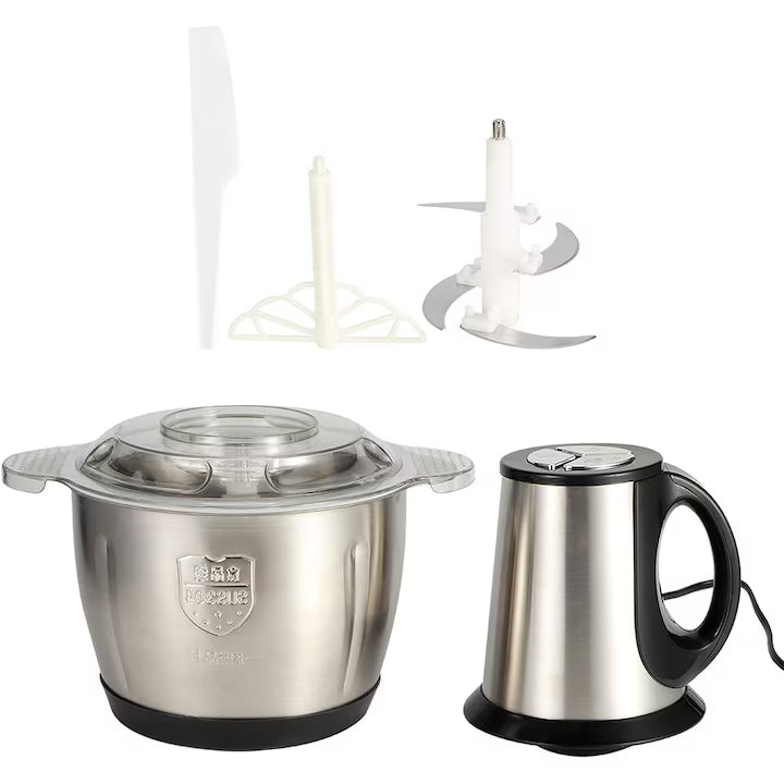 Tocător electric pentru carne și legume, 4 lame din oțel inoxidabil de calitate superioară, capacitate 2L, recipient din inox, culoare argintie