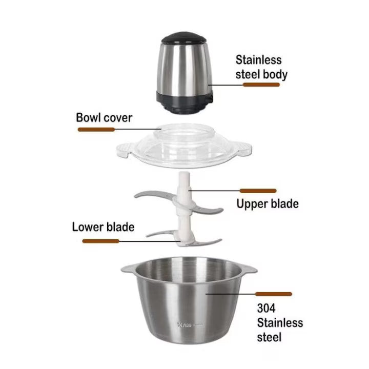 Tocător electric pentru carne și legume, 4 lame din oțel inoxidabil de calitate superioară, capacitate 2L, recipient din inox, culoare argintie