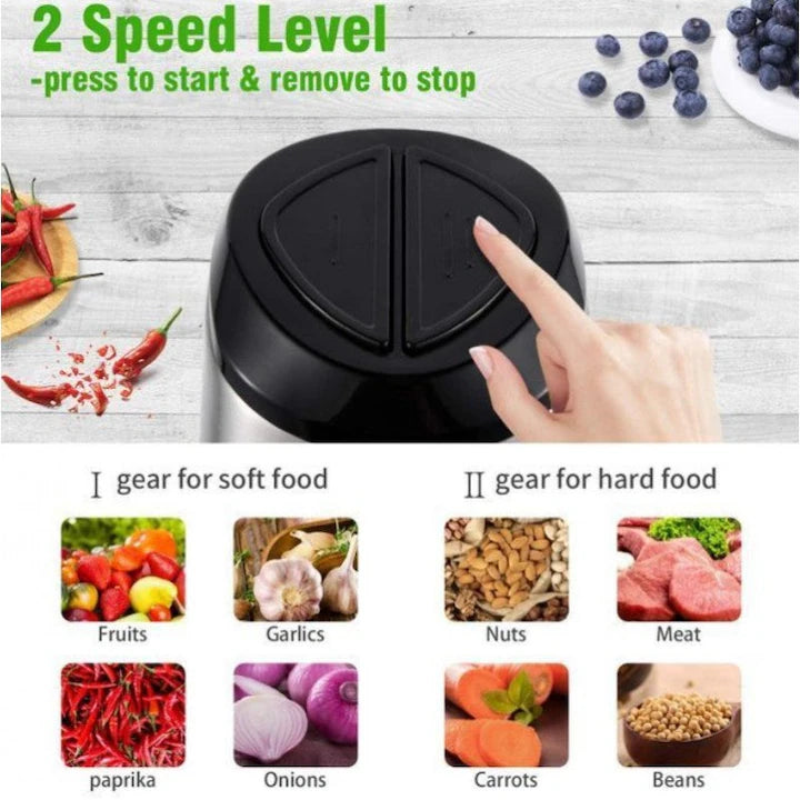 Tocător electric pentru carne și legume, 4 lame din oțel inoxidabil de calitate superioară, capacitate 2L, recipient din inox, culoare argintie